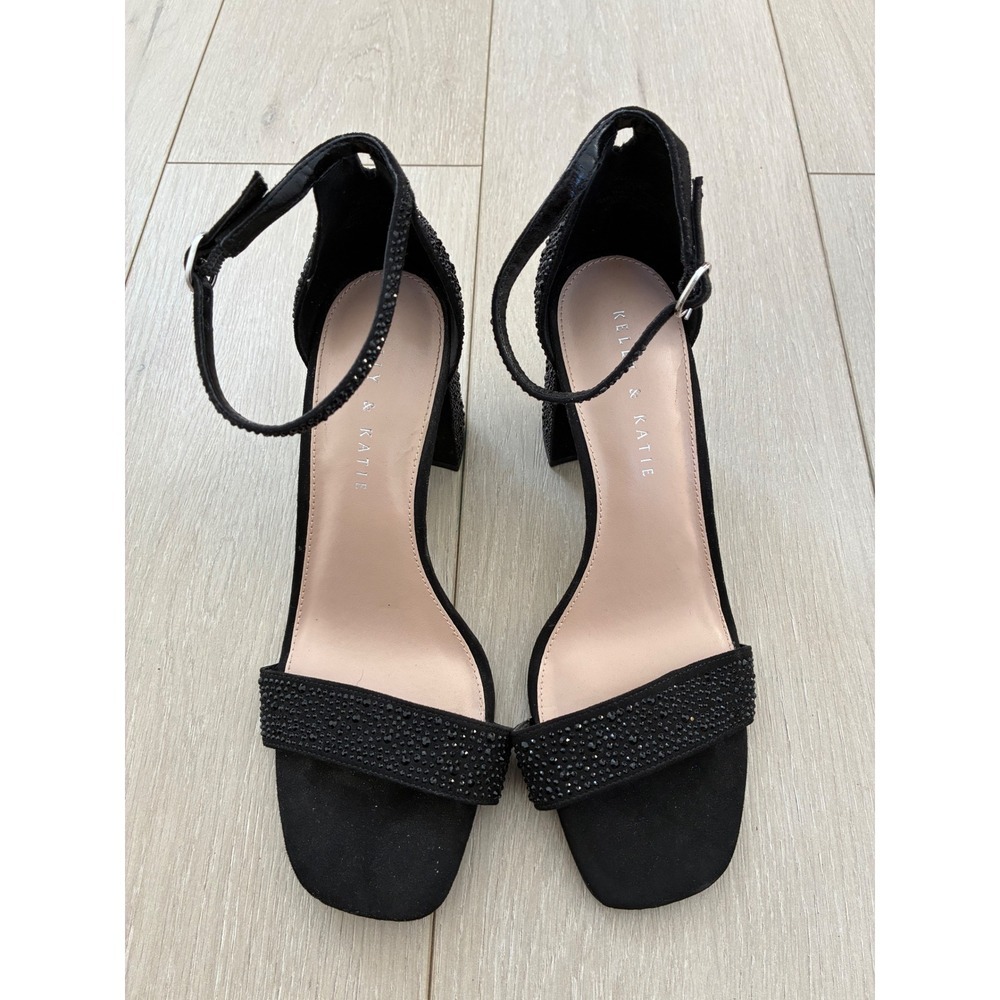 Kelly & Katie Black Rhinestone Block Heel Ankle Strap‎ Sandals Women's Size 9 M